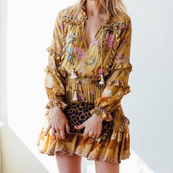 NWT Spell and Gypsy Wild Bloom Playdress Mini Mustard Dress Floral Size XS - Picture 10 of 16